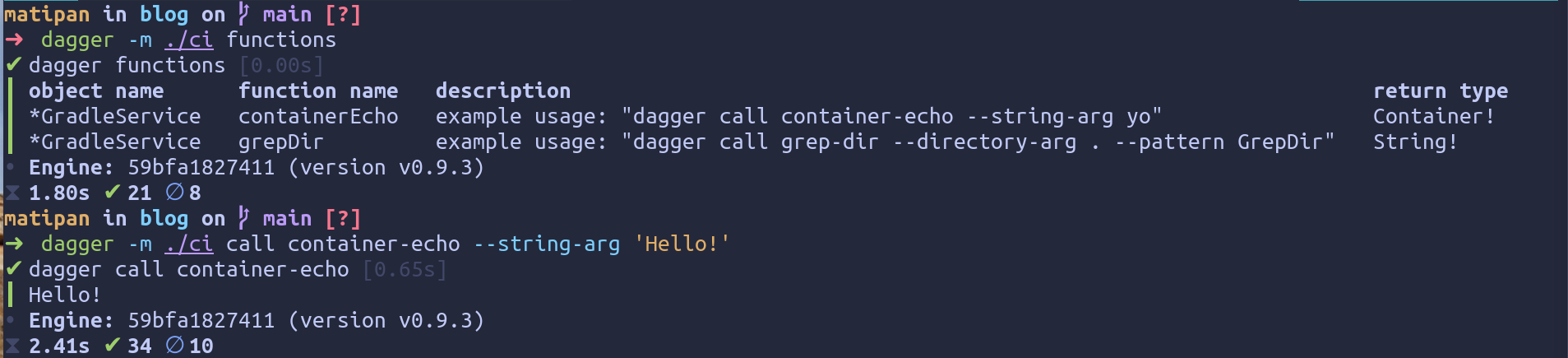 screenshot of a terminal showing the usage of dagger 