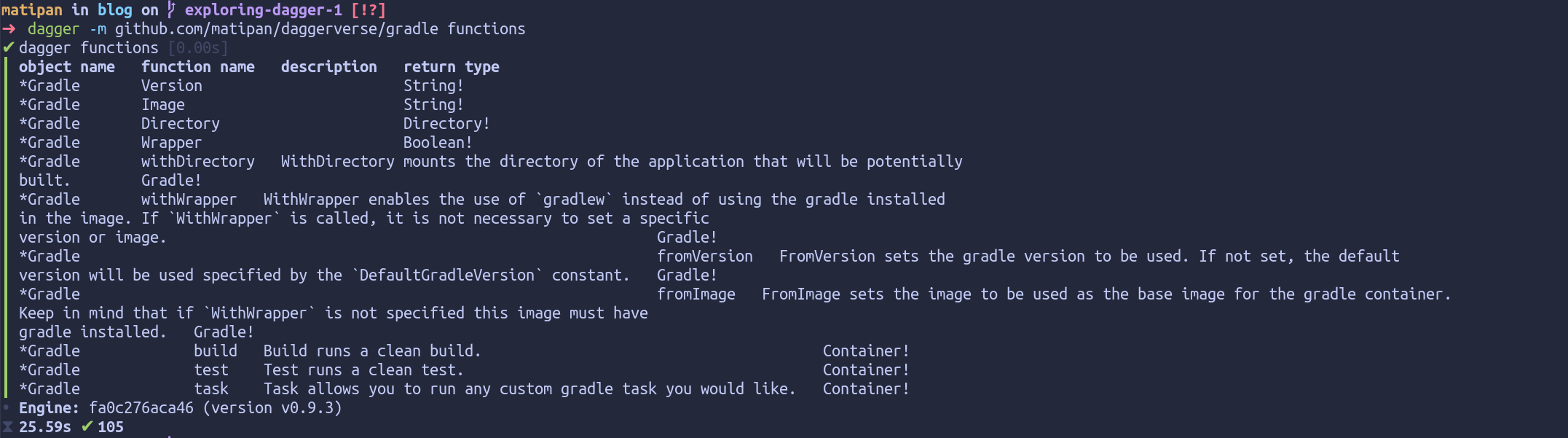 a terminal showing all the operations and their arguments that the Gradle module supports