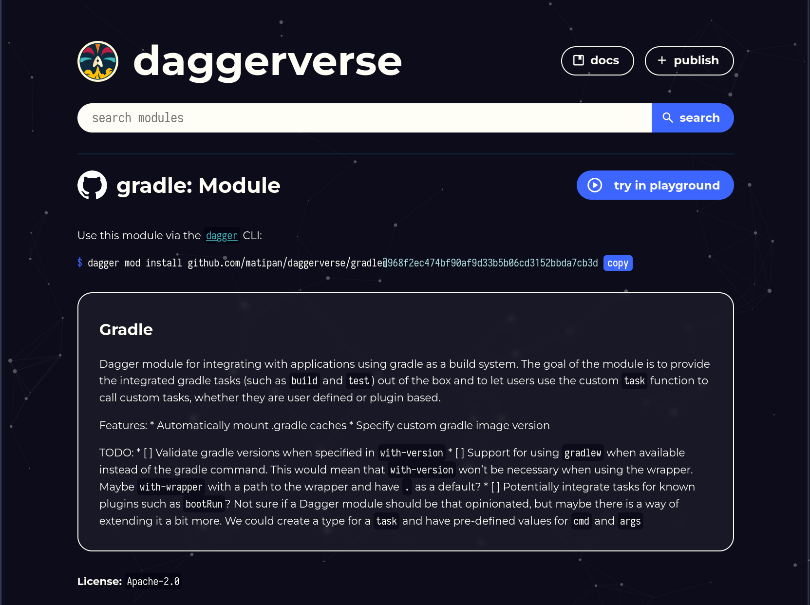 a webpage of the Daggerverse showing the documentation of a module for running gradle tasks