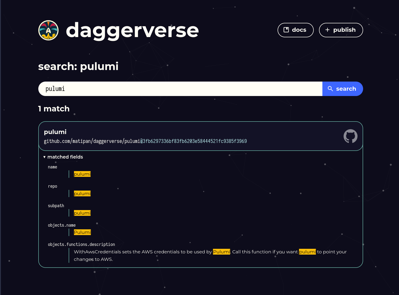 the Daggerverse website showing the <code>pulumi</code> in the search box and one result