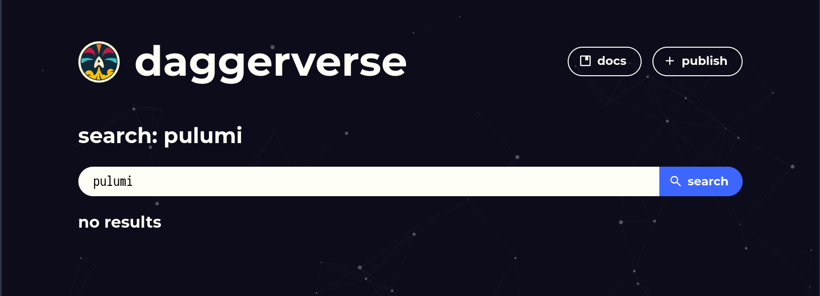 the Daggerverse website showing that there is no module for pulumi
